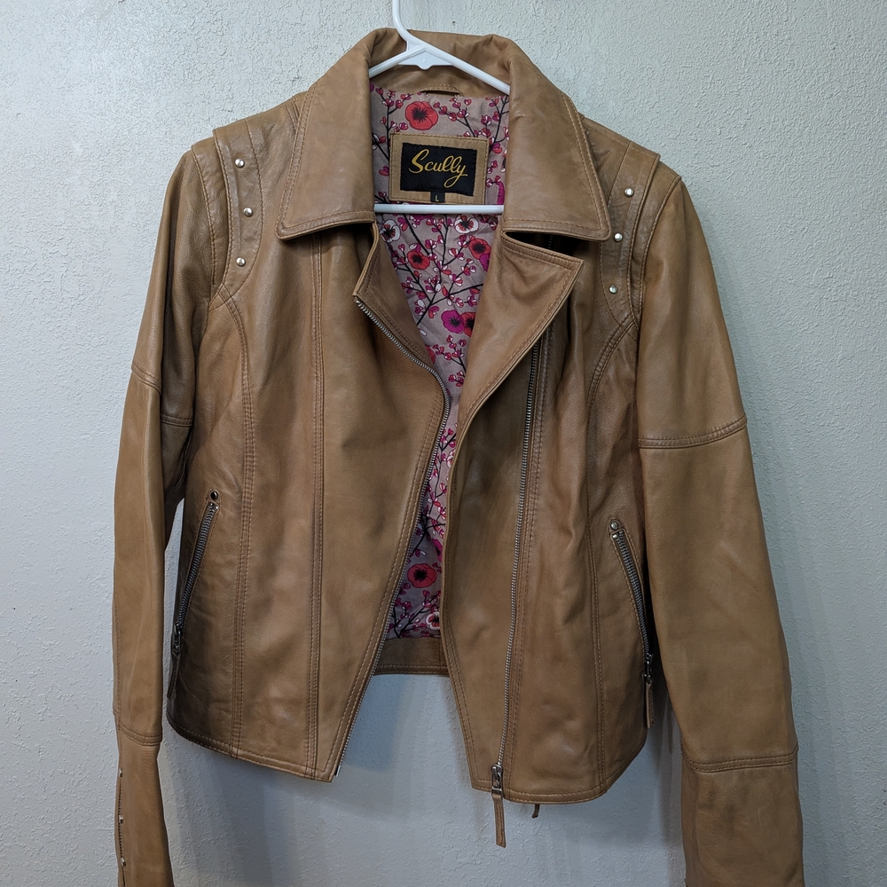 Scully Tan Leather Moto Jacket with Floral Lining